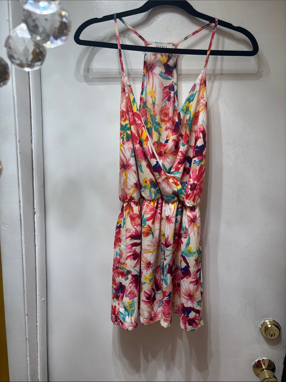 Everly Floral Spaghetti Strap Romper in White, Pink & Teal